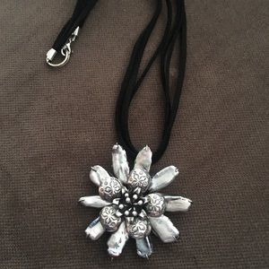 Iridescent Silver Flower Necklace w/ Velvet